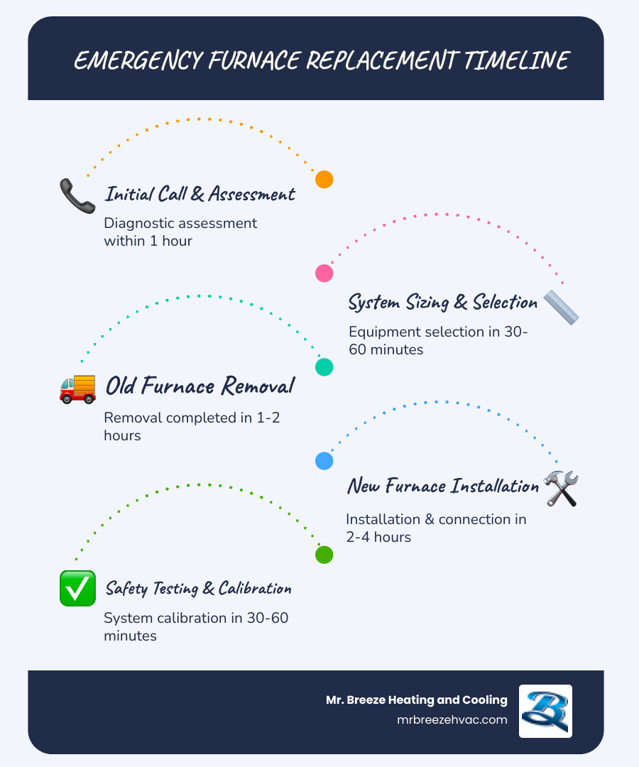 Infographic showing the emergency furnace replacement timeline: Step 1 - Initial call and diagnostic assessment within 1 hour; Step 2 - System sizing and equipment selection 30-60 minutes; Step 3 - Old furnace removal 1-2 hours; Step 4 - New furnace installation and connection 2-4 hours; Step 5 - Safety testing and system calibration 30-60 minutes; Total timeline for same-day emergency replacement 4-8 hours - emergency furnace replacement in shawnee, ks infographic infographic-line-5-steps-blues-accent_colors