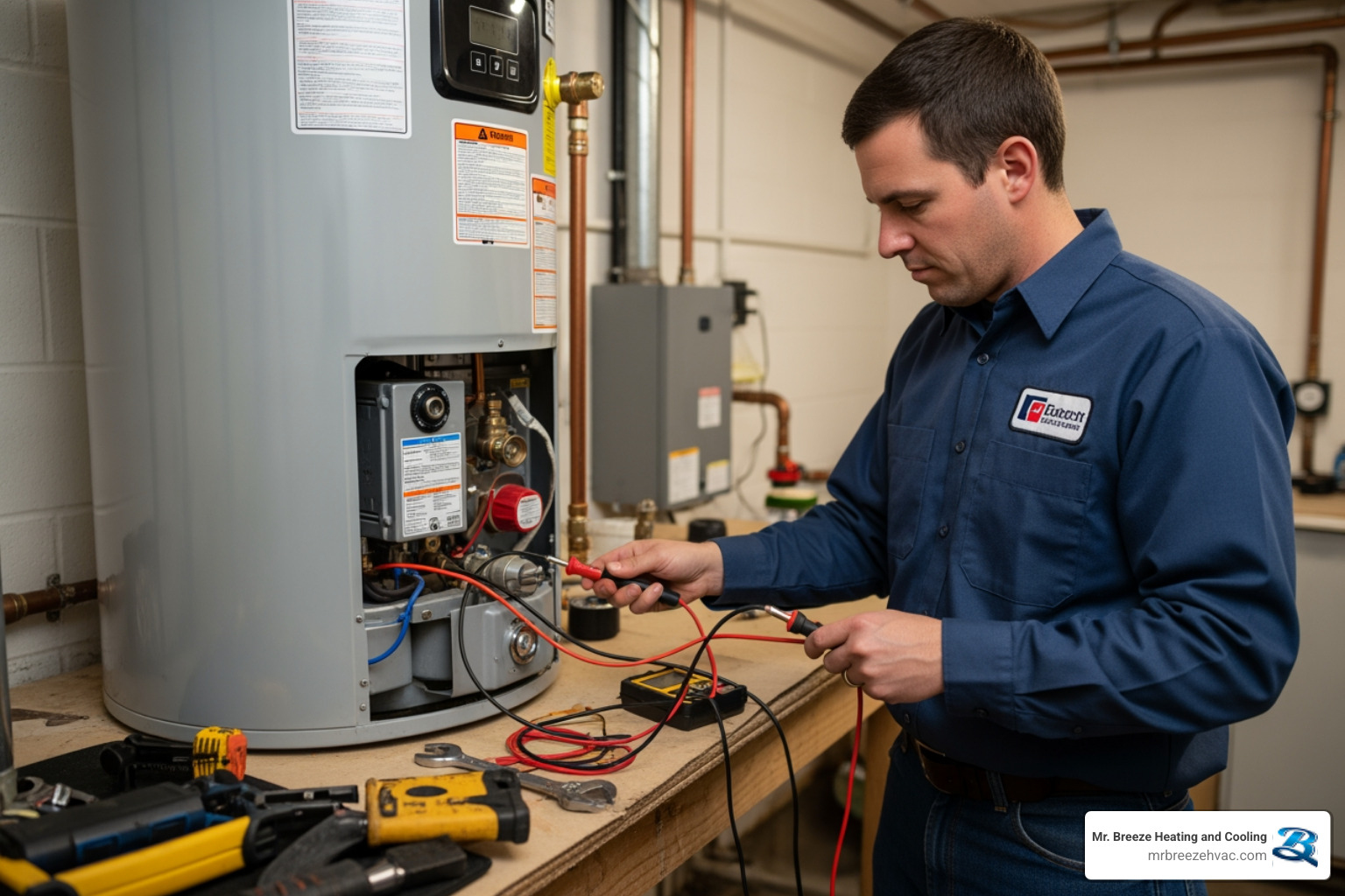 Technician installing a brand-new high-efficiency water heater in a residential basement - water heater repair bonner springs ks Technician installing a brand-new high-efficiency water heater in a residential basement - water heater repair bonner springs ks