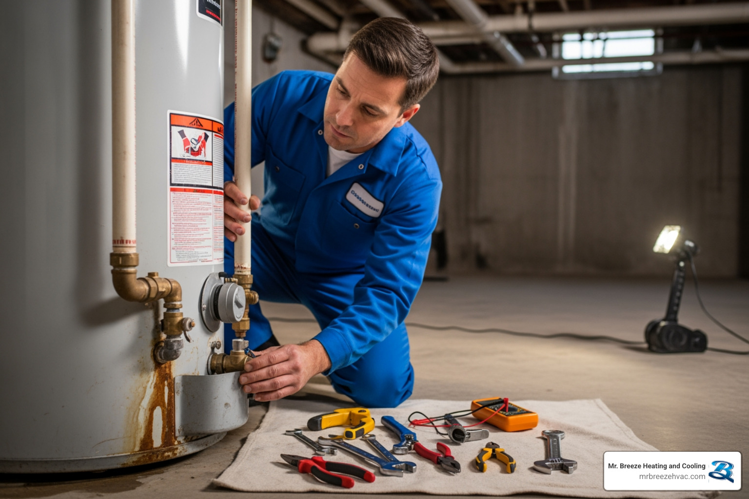 Infographic showing the top 5 signs your water heater is failing in Leavenworth KS: 1) No hot water or insufficient heating with a crossed-out faucet icon, 2) Strange popping or rumbling noises with a sound wave symbol, 3) Visible leaks or water pooling with a water droplet and puddle, 4) Rusty or discolored water coming from taps with a discolored water glass, 5) Inconsistent water temperature with a thermometer showing fluctuating readings - water heater repair leavenworth ks