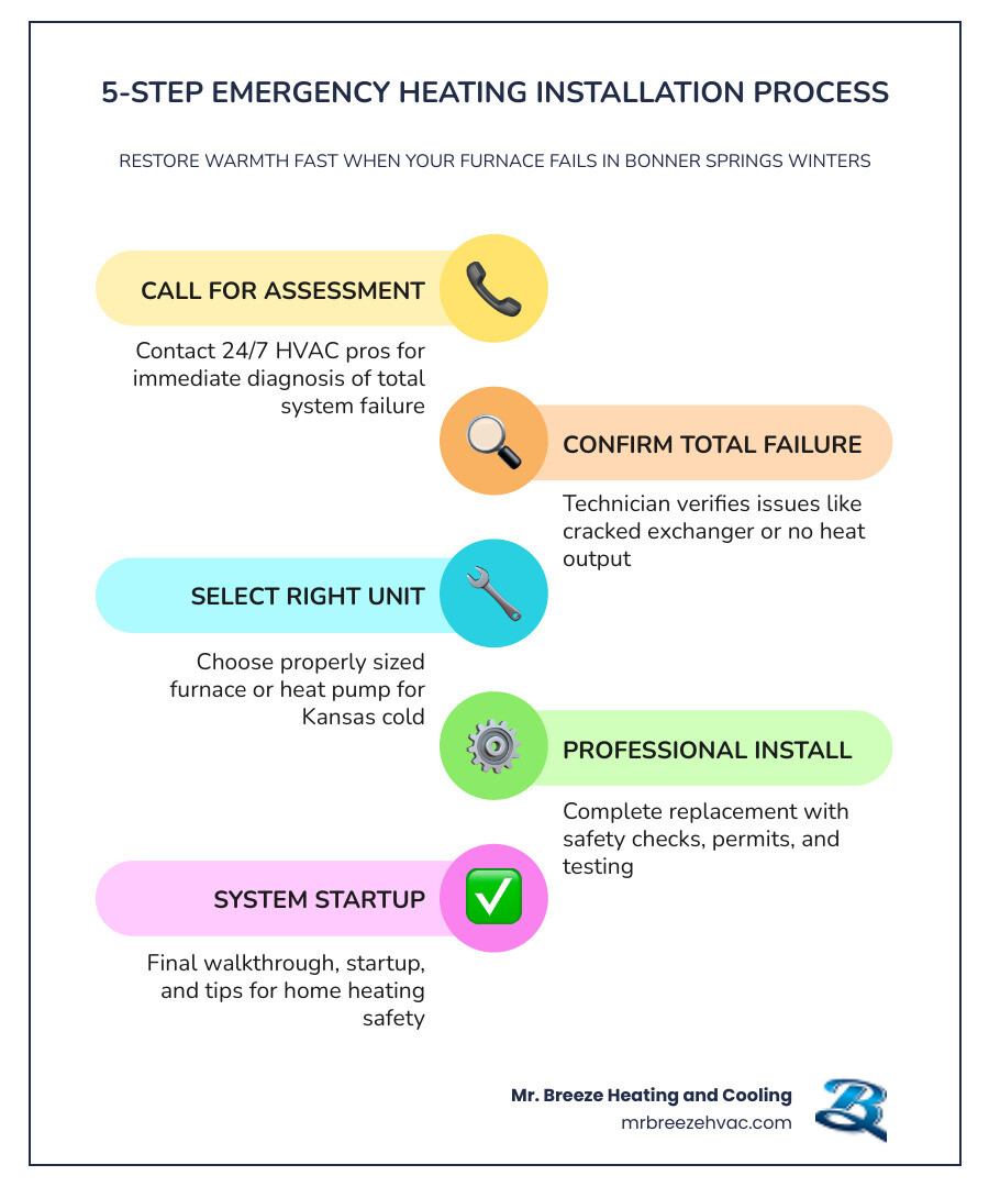 Infographic showing 5-step emergency heating installation process: 1) Call for immediate assessment 2) Technician diagnoses total failure 3) Select properly-sized replacement unit 4) Professional installation with permits and safety testing 5) System startup and homeowner walkthrough - emergency heating installation in bonner springs, ks infographic infographic-line-5-steps-colors
