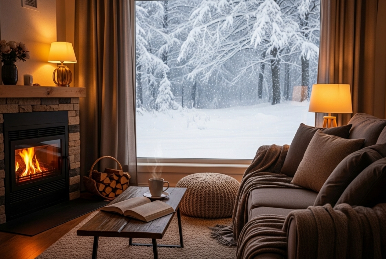 cozy living room with snow outside window - 24 hour furnace installation in shawnee, ks