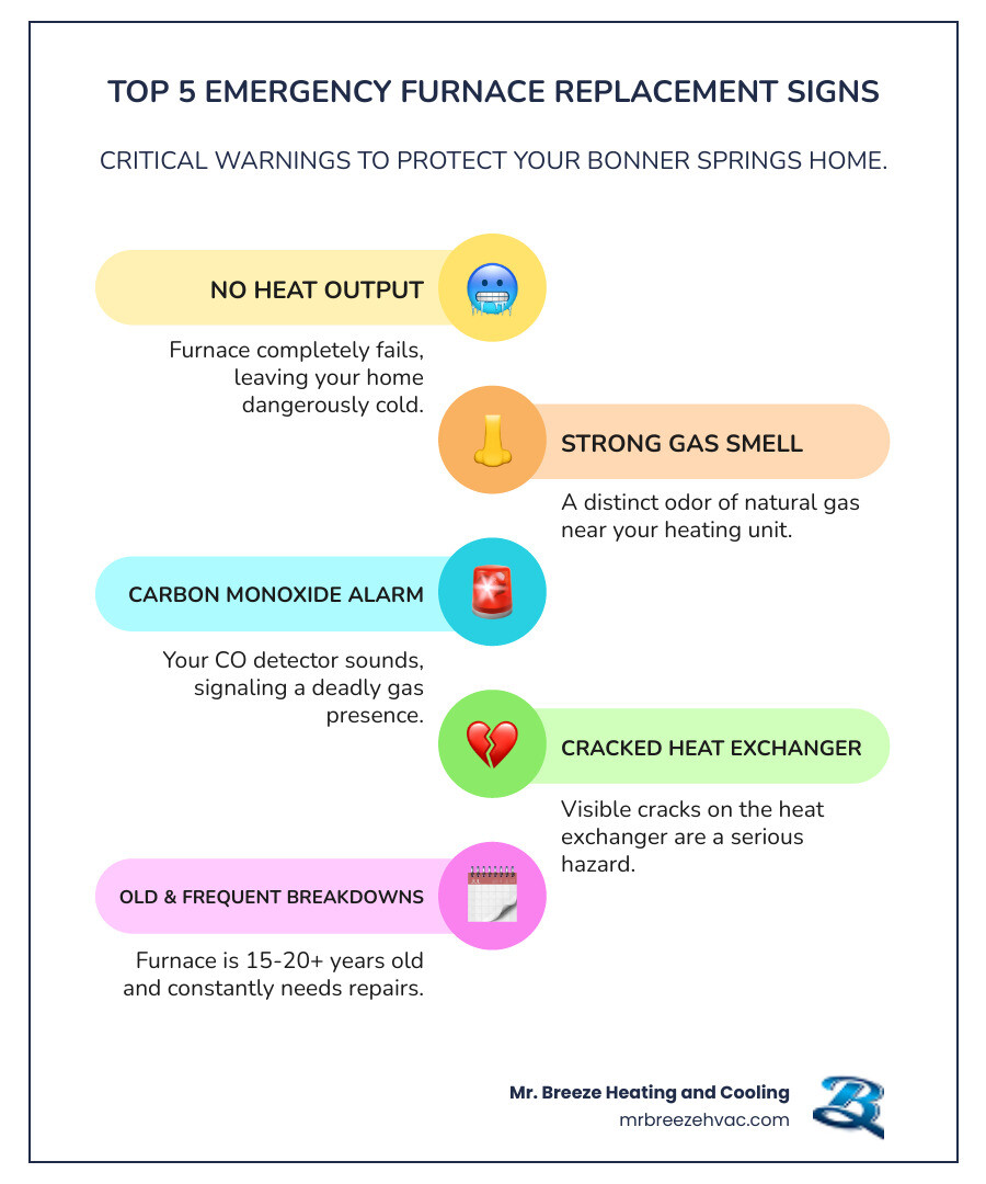 Infographic showing the top 5 signs you need emergency furnace replacement: 1. Complete heating failure with no heat output, 2. Strong gas smell near furnace area, 3. Carbon monoxide detector alarm, 4. Visible cracks in heat exchanger, 5. Furnace age exceeding 15-20 years with frequent breakdowns - emergency furnace installation in bonner springs, ks infographic infographic-line-5-steps-colors
