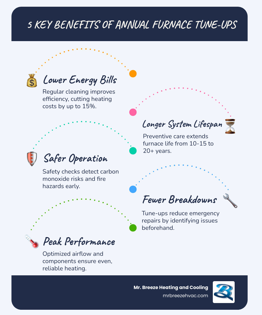 Infographic showing annual furnace tune-up benefits: lower bills, longer lifespan, safer operation, fewer breakdowns Infographic showing annual furnace tune-up benefits: lower bills, longer lifespan, safer operation, fewer breakdowns