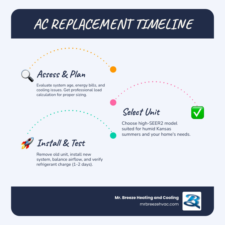Step-by-step AC replacement timeline infographic for Bonner Springs KS homeowners - ac replacement bonner springs ks