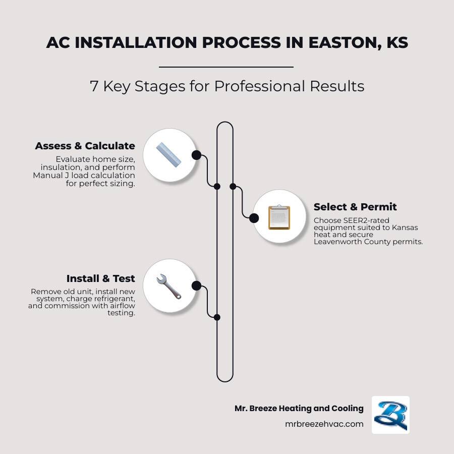 Step-by-step AC installation process infographic for Easton KS homes showing 7 key stages - ac installation easton ks Step-by-step AC installation process infographic for Easton KS homes showing 7 key stages - ac installation easton ks