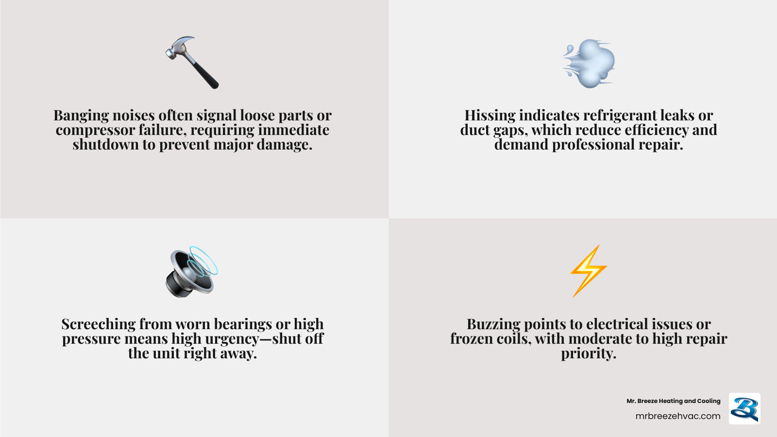 Common AC noise types, decibel levels, urgency ratings, and what each sound means for your system - ac making strange noises