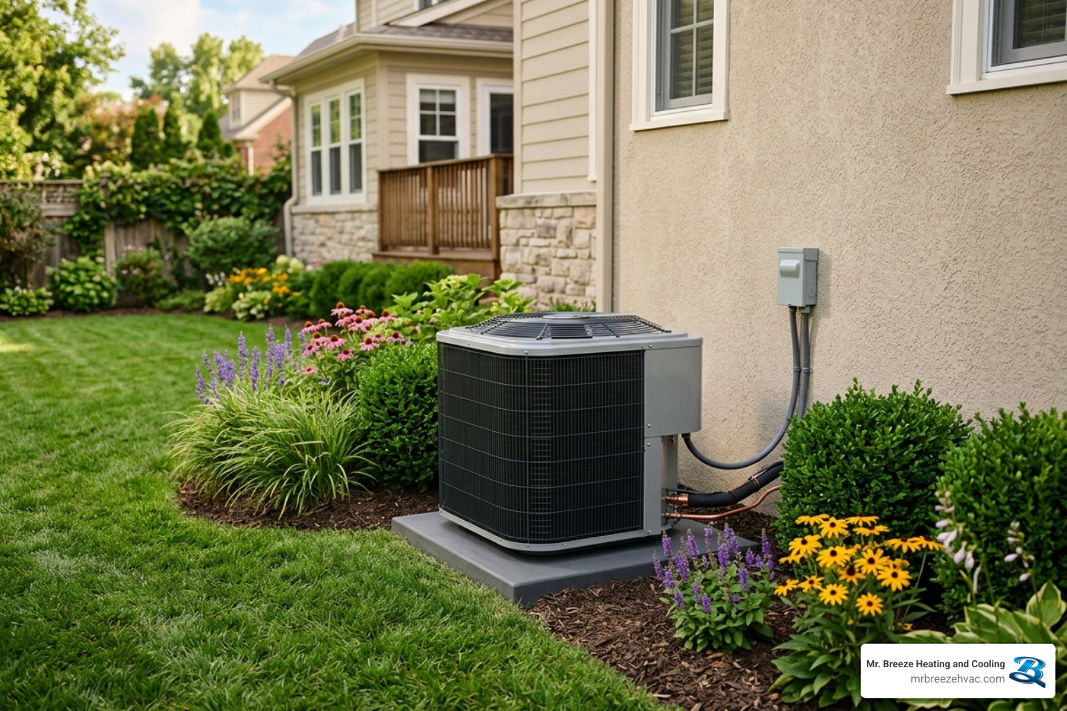 An outdoor air conditioning condenser unit sitting in a well-maintained residential yard - ac making strange noises what