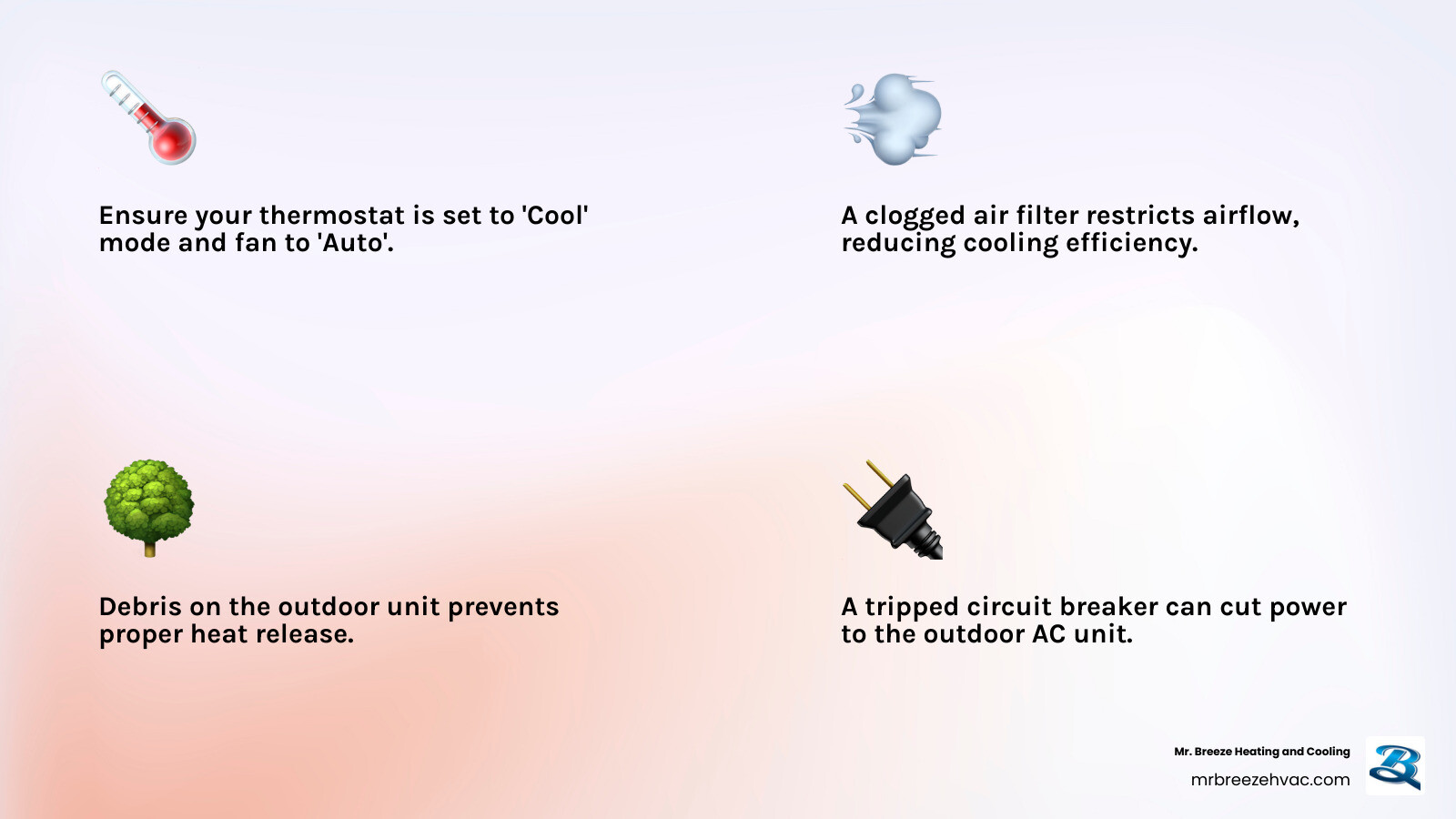 Infographic showing 8 common reasons an AC blows warm air with icons for each cause and simple fix labels - why is my ac