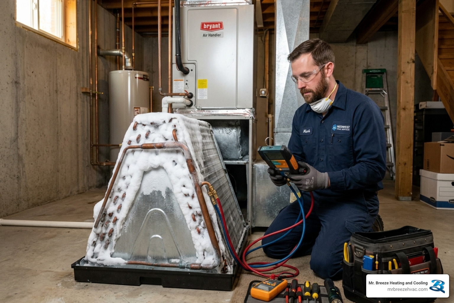 Technician inspecting a frozen AC evaporator coil in a Kansas basement - signs your ac needs repair