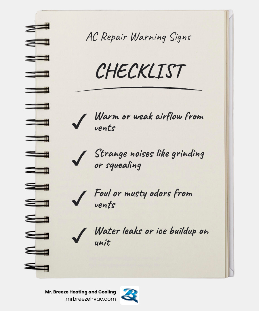 Common AC warning signs infographic with failure points and symptoms - signs your ac needs repair infographic