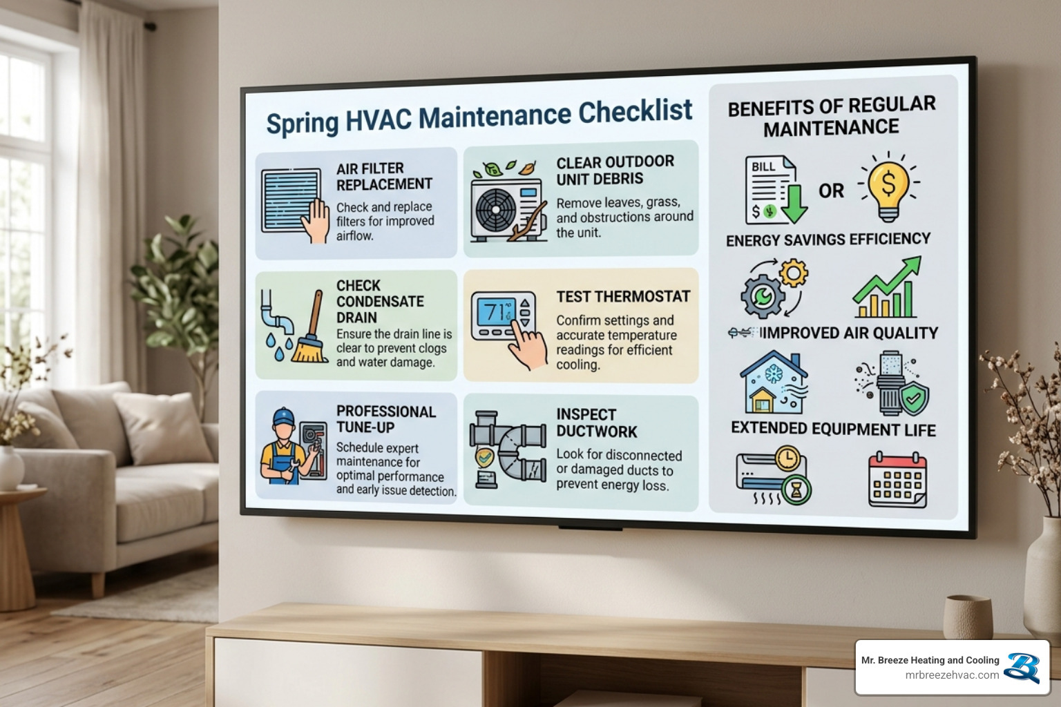 Infographic showing spring HVAC maintenance checklist benefits for homeowners - spring ac and hvac maintenance