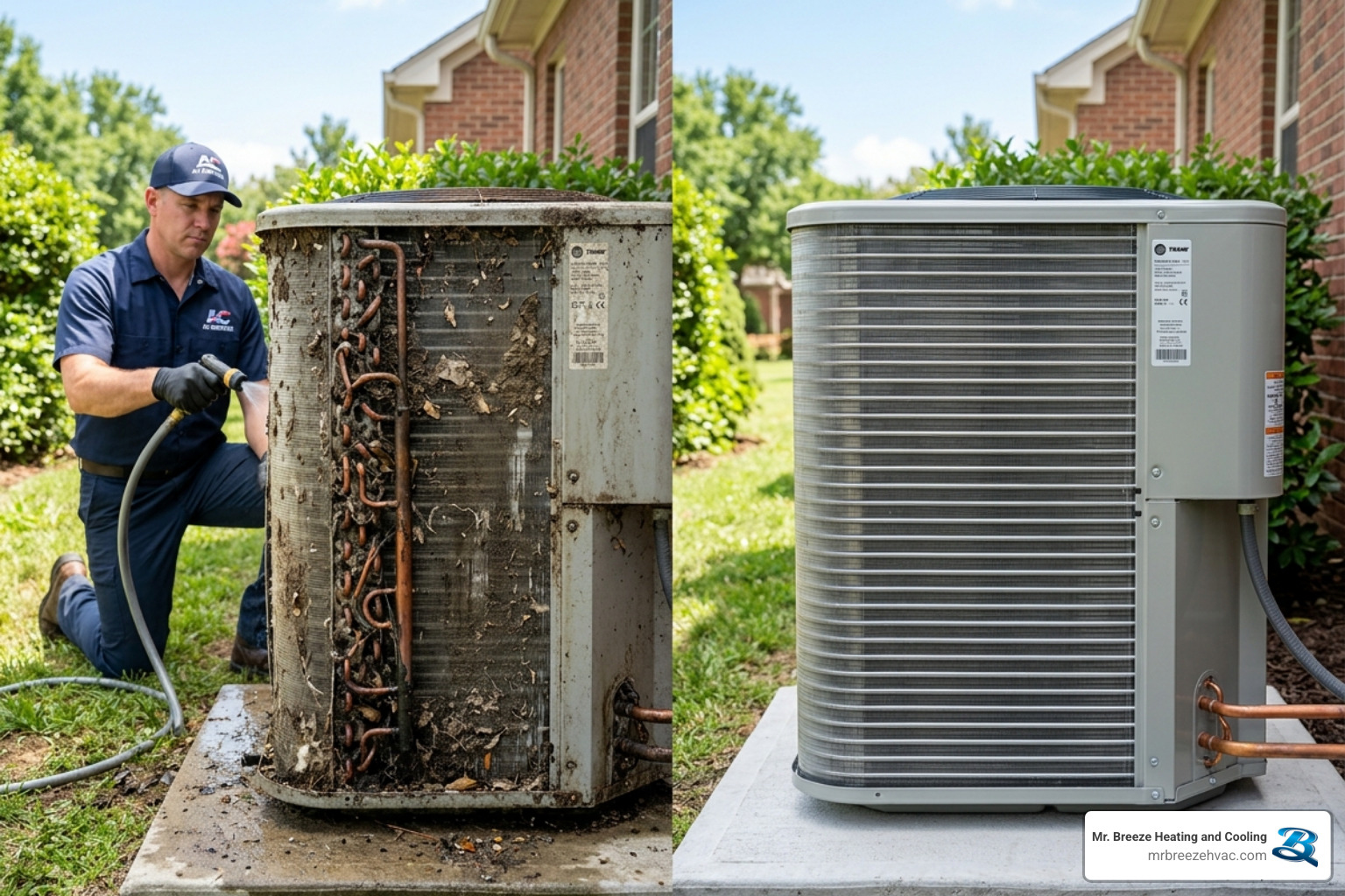 A side-by-side comparison of a professional technician cleaning a heavily fouled condenser coil versus a pristine