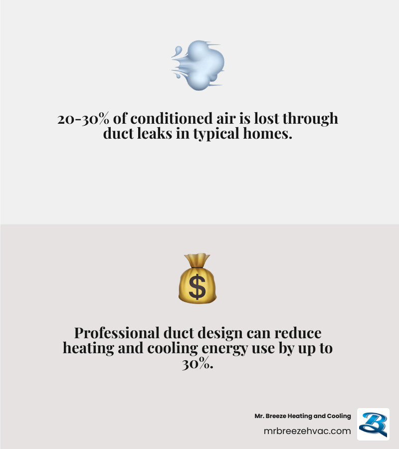 Infographic showing 20-30% air loss in residential ductwork and energy savings from professional duct design - how