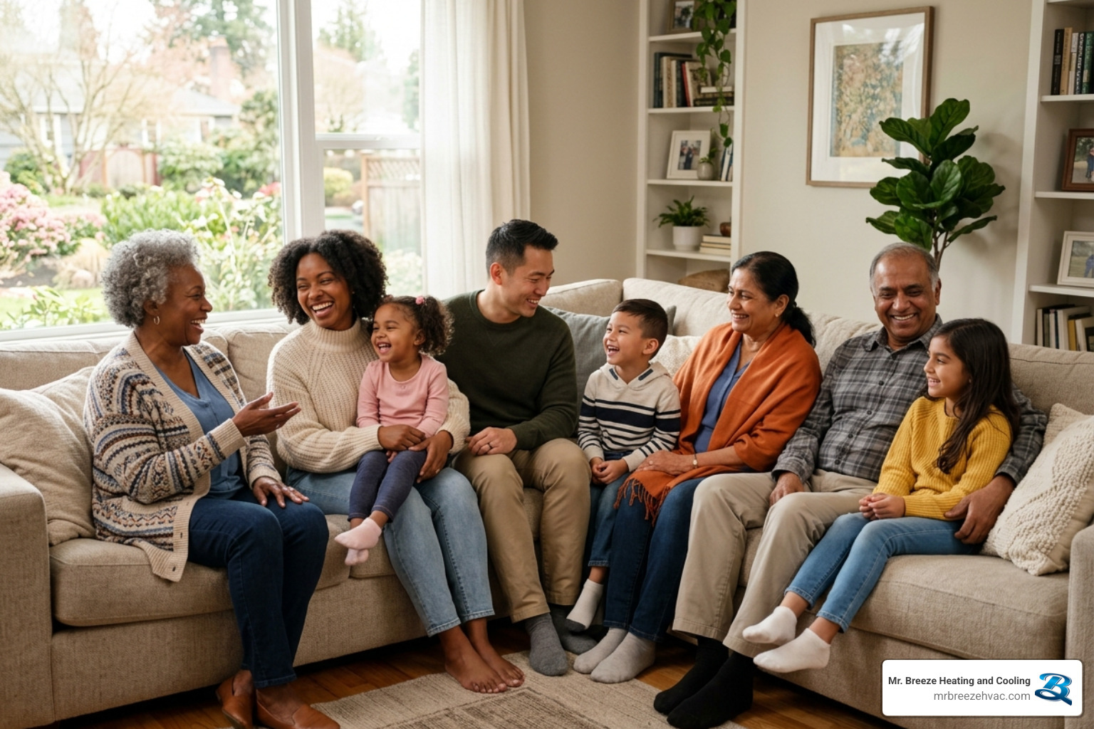 A happy family relaxing in a living room with perfectly balanced temperatures - duct design benefits for home comfort