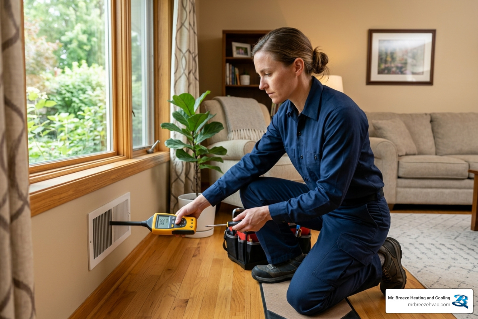 technician inspecting a supply register near a window for optimal airflow - how duct design affects hot and cold spots