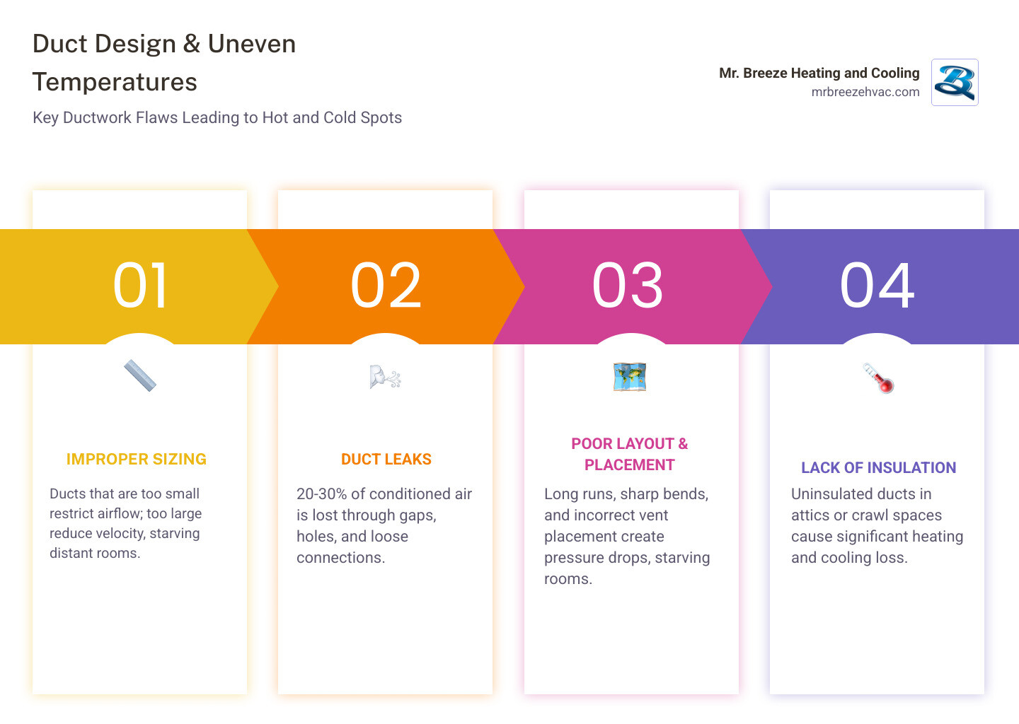 Infographic showing how duct design causes hot and cold spots through leaks, sizing, layout, and insulation - how duct