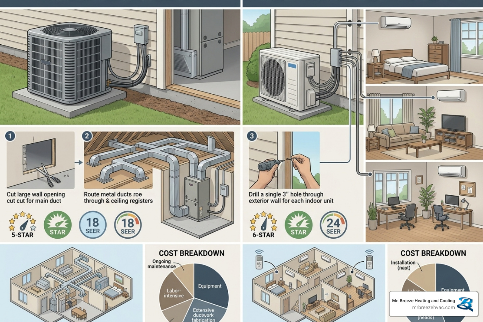 Infographic comparing central AC vs ductless mini split: components, efficiency, installation, zoning, and cost - central ac
