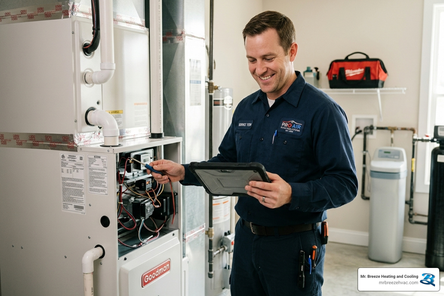 Professional HVAC technician in a clean uniform inspecting a modern furnace with a tablet - why dealer certification matters Professional HVAC technician in a clean uniform inspecting a modern furnace with a tablet - why dealer certification matters