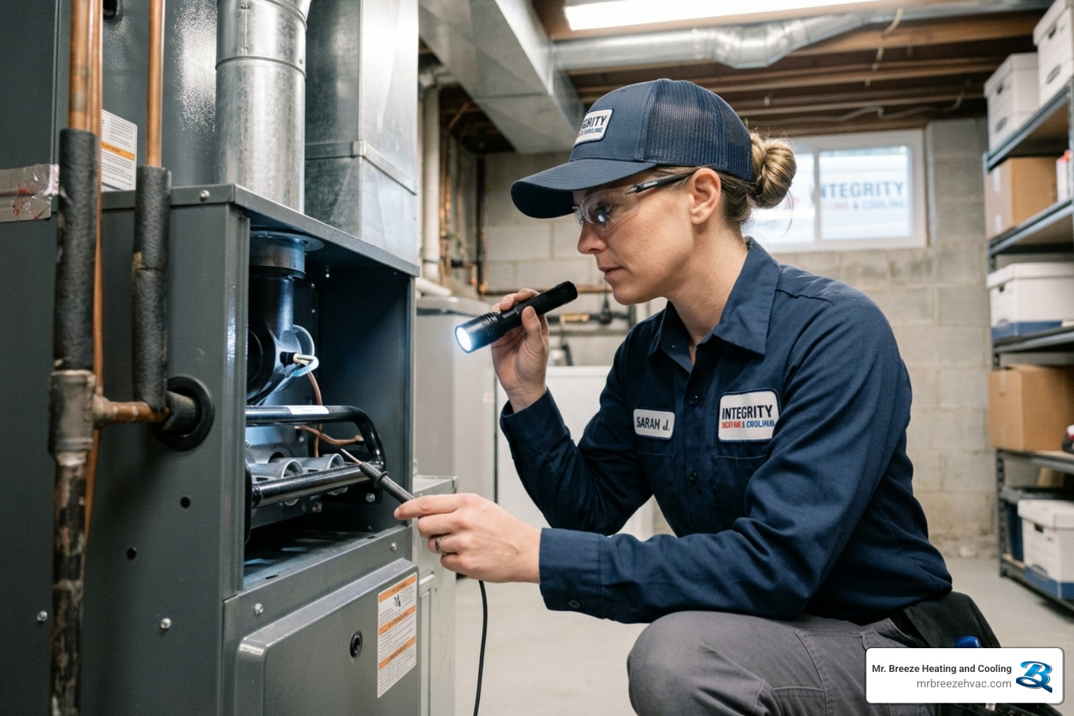 Technician in Mr. Breeze uniform inspecting a residential furnace with a flashlight - when an hvac failure is a true Technician in Mr. Breeze uniform inspecting a residential furnace with a flashlight - when an hvac failure is a true