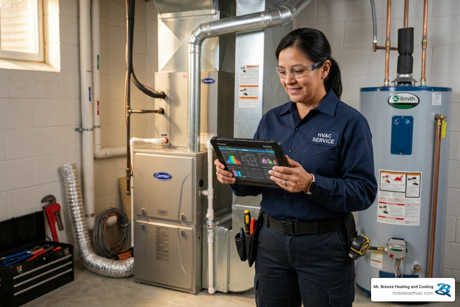 HVAC technician using modern load calculation software on a tablet while standing in a residential mechanical room - how HVAC technician using modern load calculation software on a tablet while standing in a residential mechanical room - how