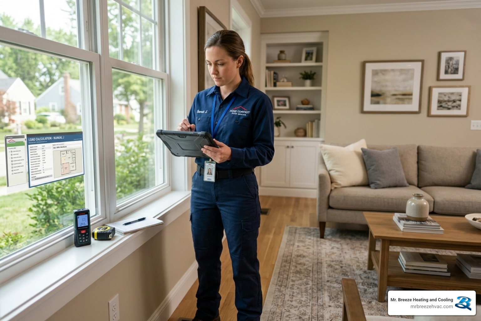 HVAC technician performing a professional load calculation at a residence - how proper hvac sizing affects comfort HVAC technician performing a professional load calculation at a residence - how proper hvac sizing affects comfort