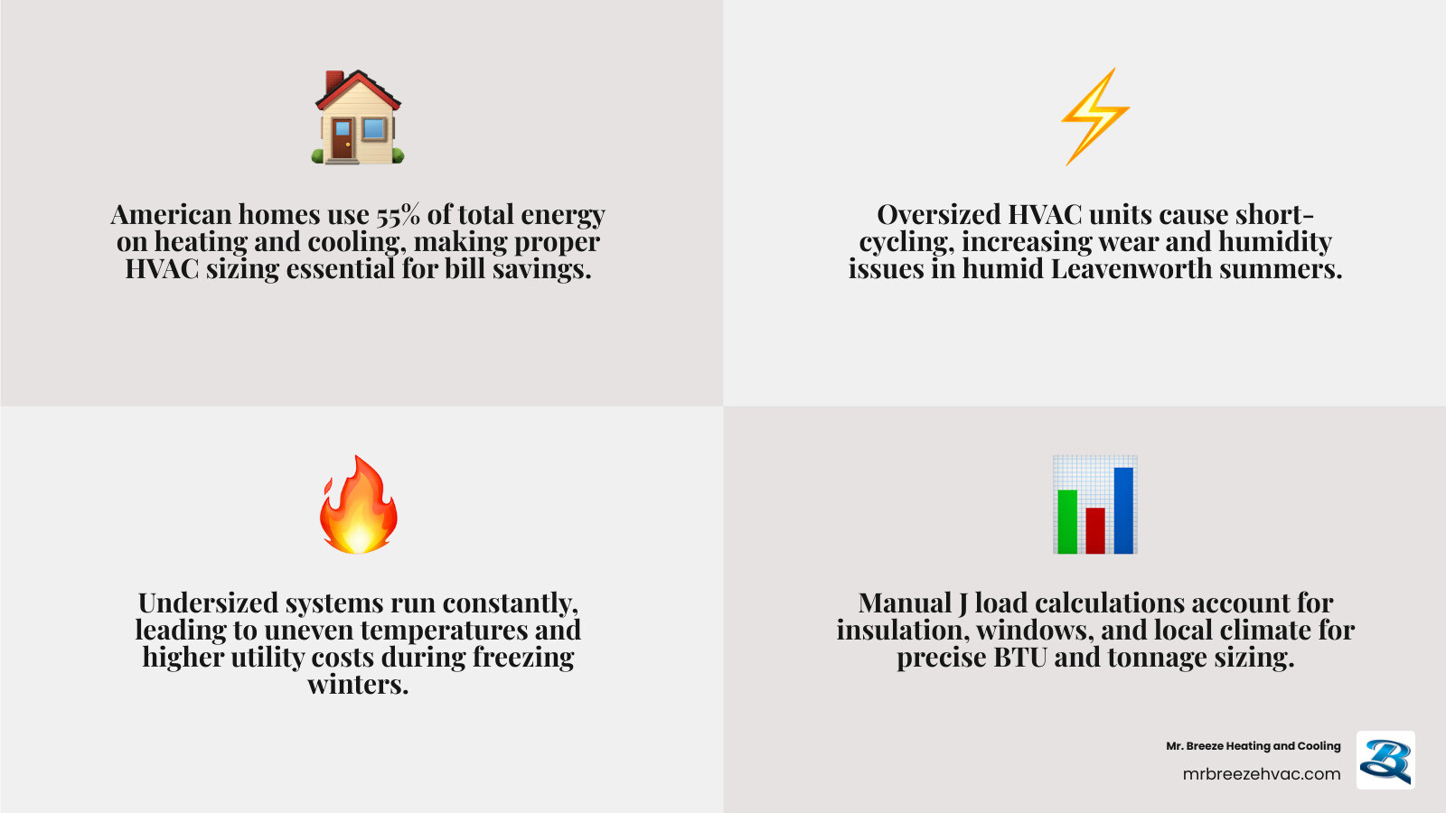 Infographic showing how HVAC sizing affects energy bills, comfort, and equipment lifespan in Leavenworth KS homes - getting Infographic showing how HVAC sizing affects energy bills, comfort, and equipment lifespan in Leavenworth KS homes - getting