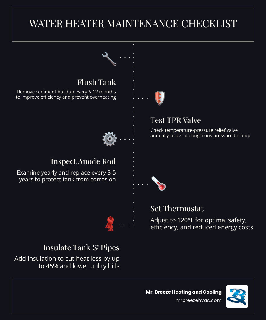 Infographic showing water heater maintenance checklist with flushing schedule, anode rod, TPR valve, and temperature tips Infographic showing water heater maintenance checklist with flushing schedule, anode rod, TPR valve, and temperature tips