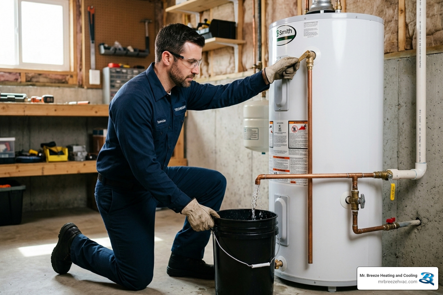 Technician testing a temperature and pressure relief valve on a water heater - water heater maintenance tips for homeowners Technician testing a temperature and pressure relief valve on a water heater - water heater maintenance tips for homeowners