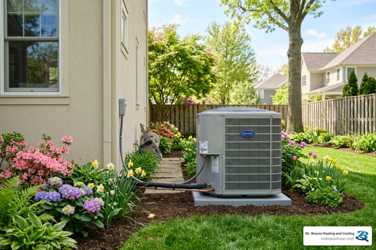 clean air conditioning unit outdoor condenser unit spring maintenance - spring hvac transition from heating to cooling