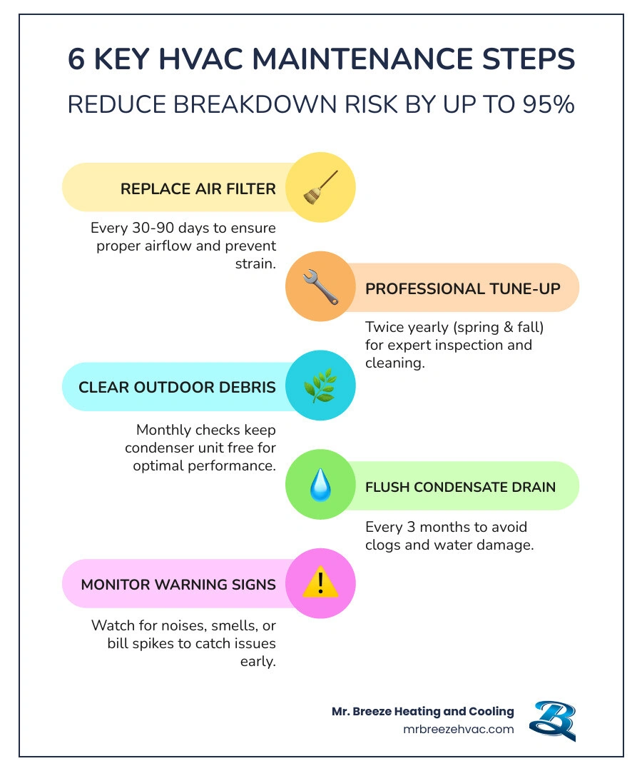 Infographic showing 6 key HVAC maintenance steps and how they reduce breakdown risk by up to 95% - how to prevent hvac
