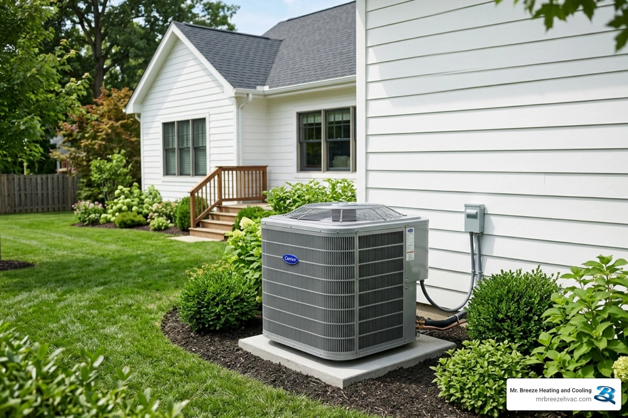 A well-maintained outdoor HVAC condenser unit in a clean yard - how to prevent hvac emergencies with maintenance