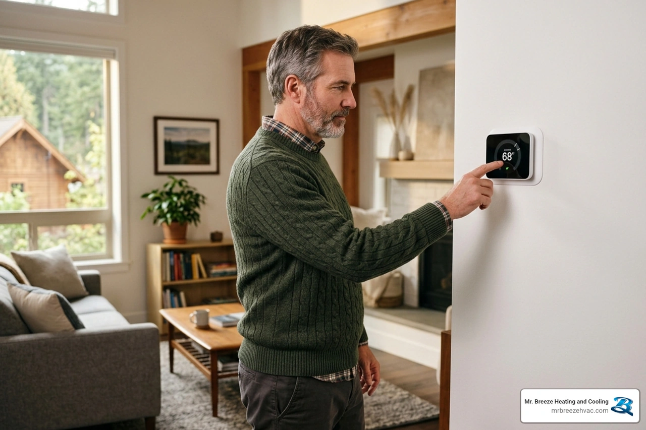 Homeowner checking a smart thermostat for emergency settings - emergency hvac repair tips for the leavenworth area homeowners Homeowner checking a smart thermostat for emergency settings - emergency hvac repair tips for the leavenworth area homeowners