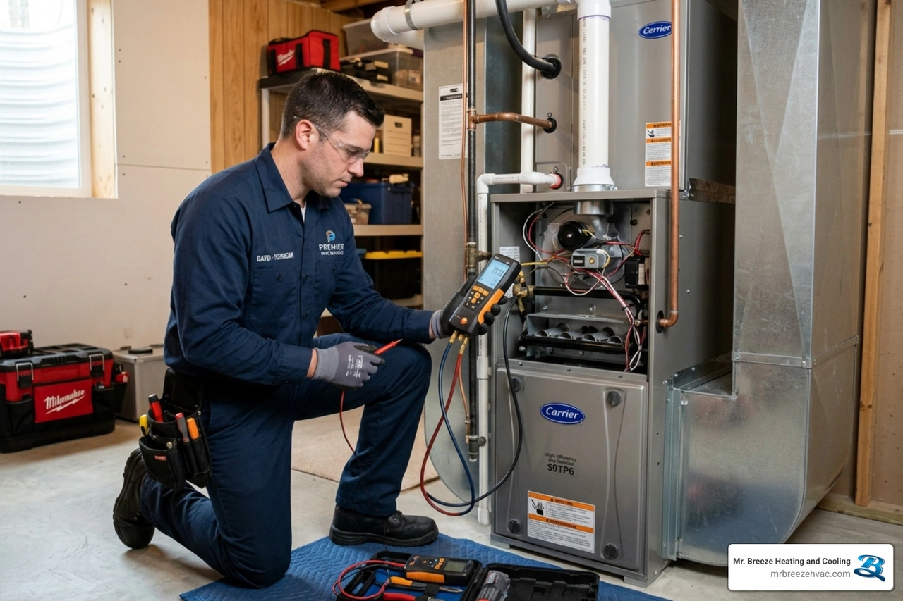 Professional HVAC technician inspecting a furnace unit during an emergency call - emergency hvac repair tips for the Professional HVAC technician inspecting a furnace unit during an emergency call - emergency hvac repair tips for the