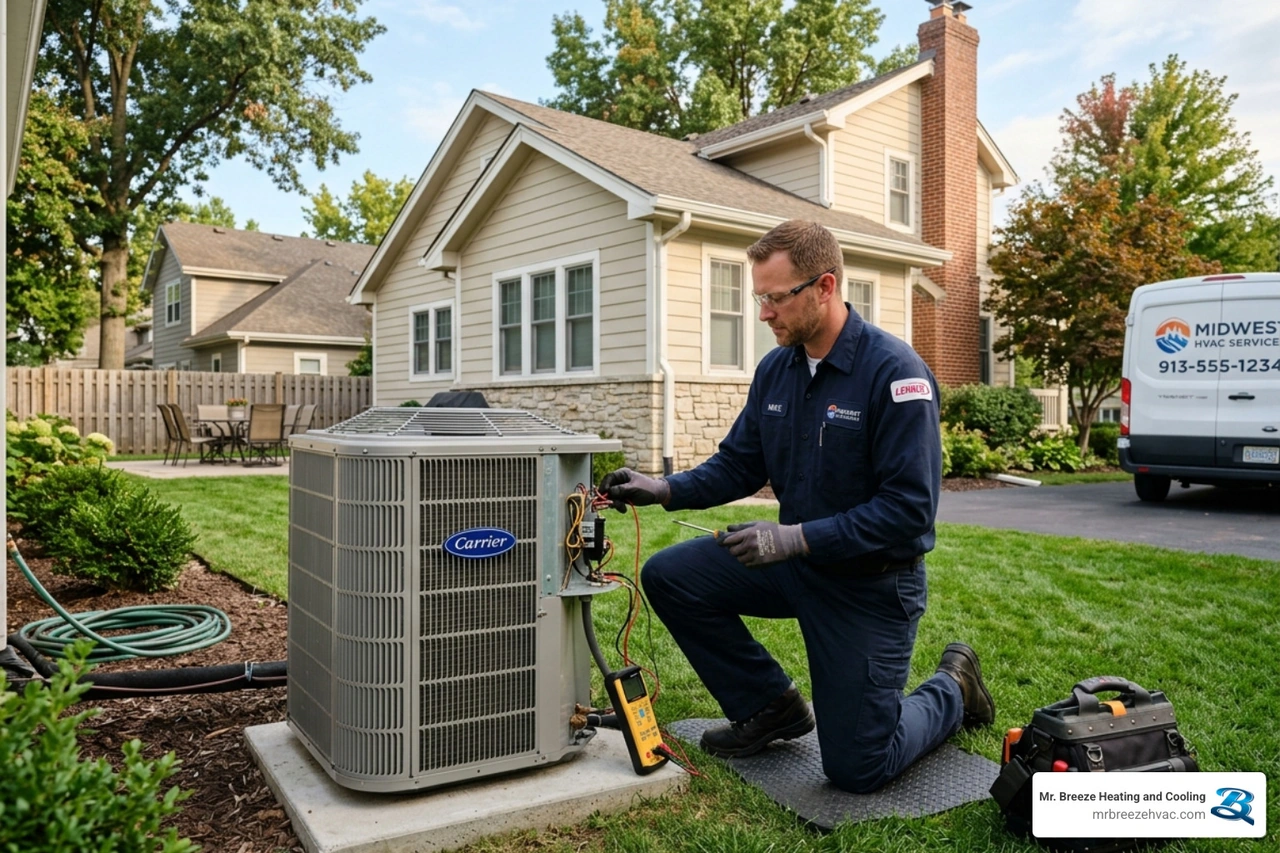 professional HVAC technician inspecting an outdoor AC unit in Lansing KS - how 40 years of combined expertise improves your