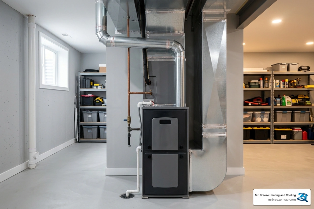 Newly installed high-efficiency furnace in a clean basement setting - how a new hvac system increases home value Newly installed high-efficiency furnace in a clean basement setting - how a new hvac system increases home value