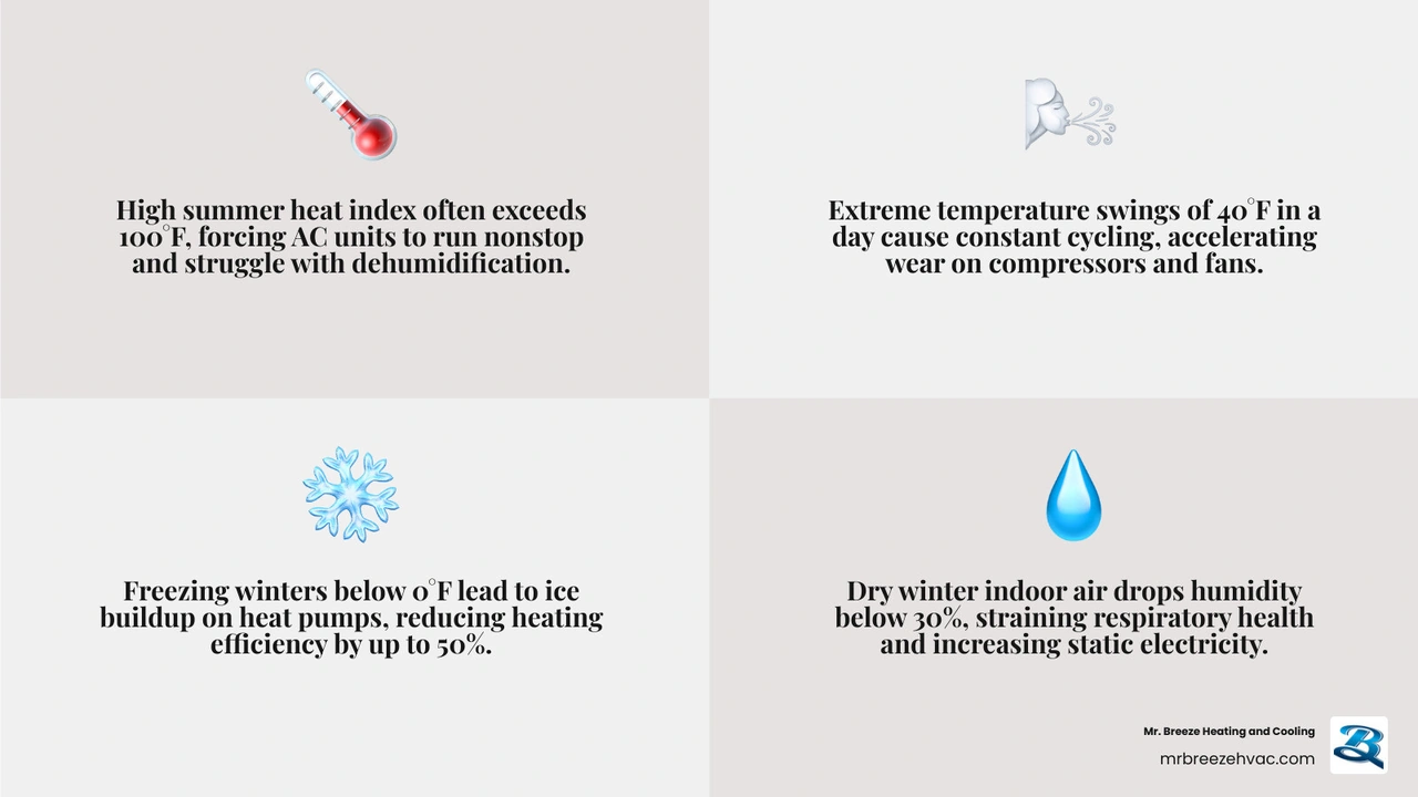 Infographic showing how Kansas heat, humidity, and winter freezes stress HVAC systems through the seasons - how the