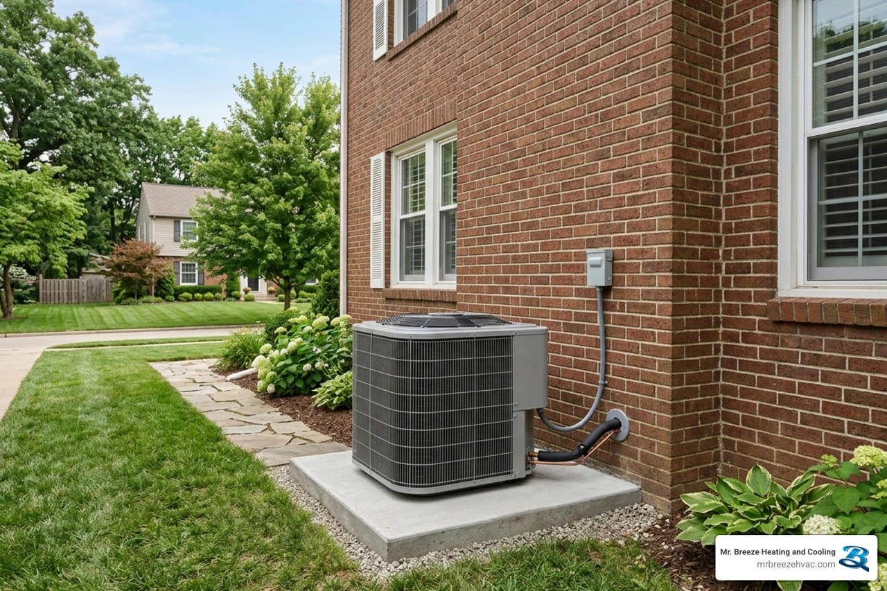 Modern outdoor air conditioning unit installed on a level pad next to a brick home - how the leavenworth area climate