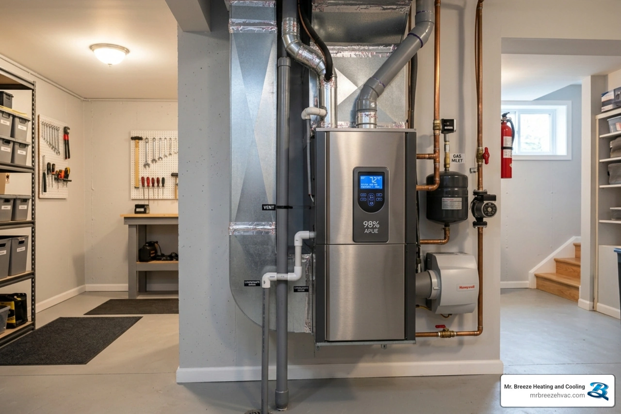 A modern, high-efficiency gas furnace installed in a clean basement setting - when to repair vs replace your hvac system