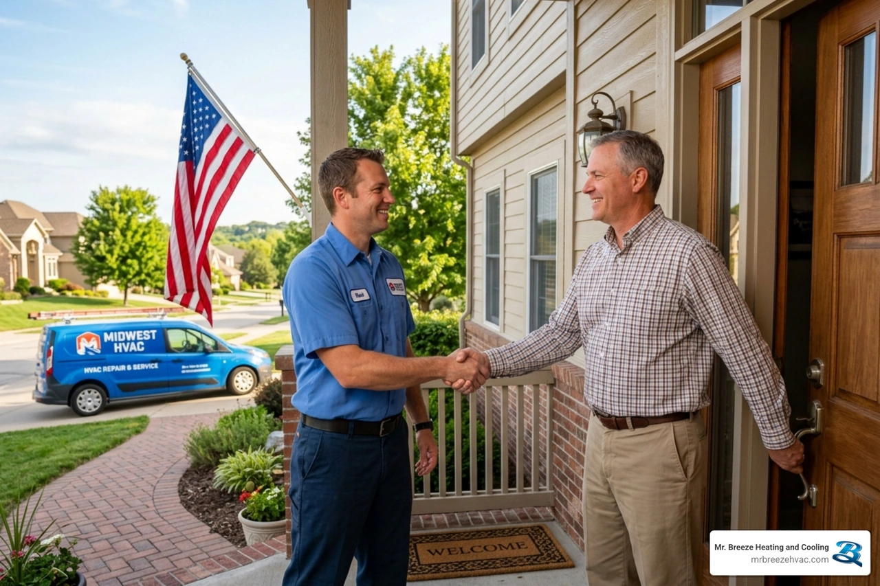 local HVAC technician greeting a homeowner in Kansas - advantages of working with a family owned daikin dealer