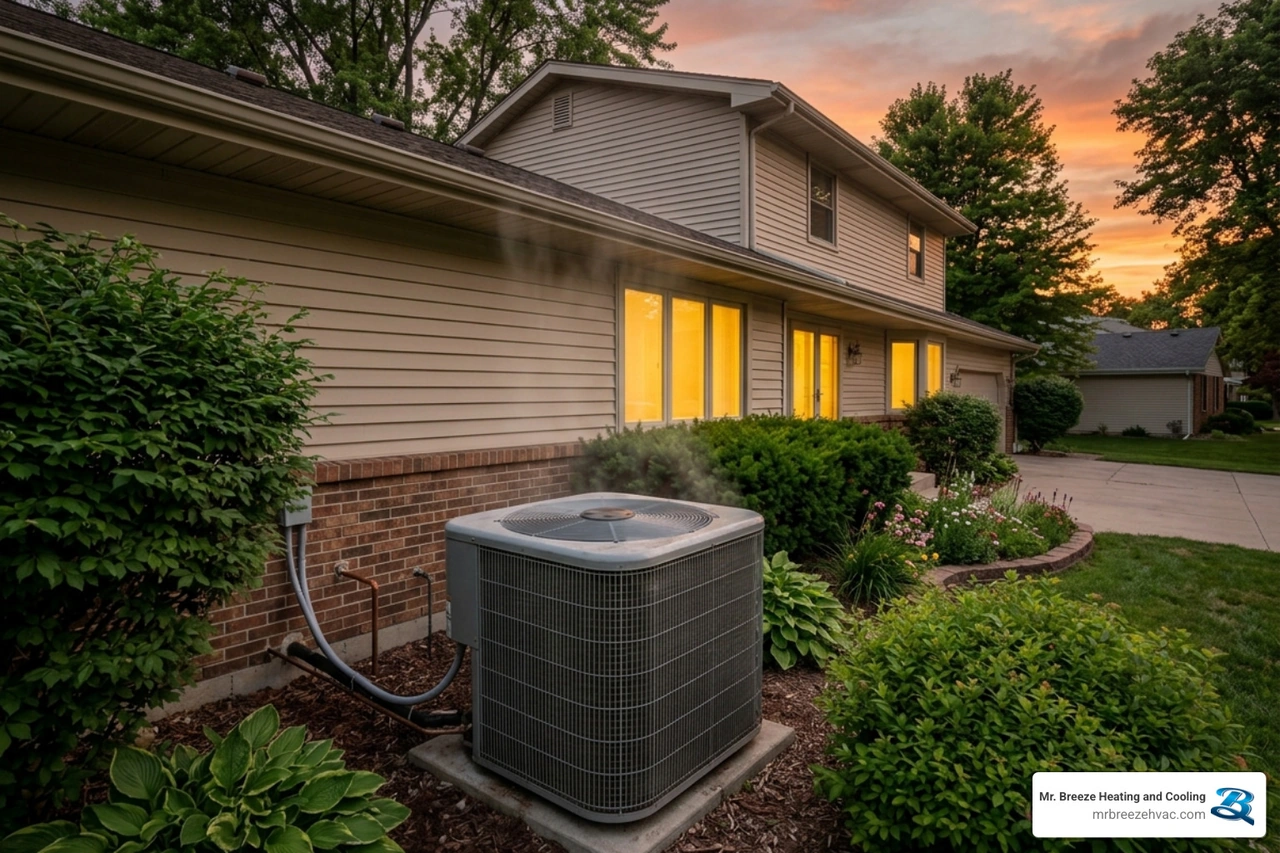 Outdoor AC unit running during a Kansas sunset while the house remains warm inside Outdoor AC unit running during a Kansas sunset while the house remains warm inside