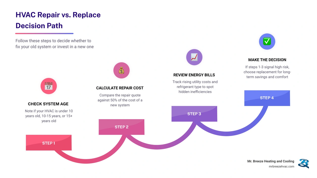 HVAC repair vs replace decision matrix infographic showing age, cost thresholds, and efficiency factors infographic