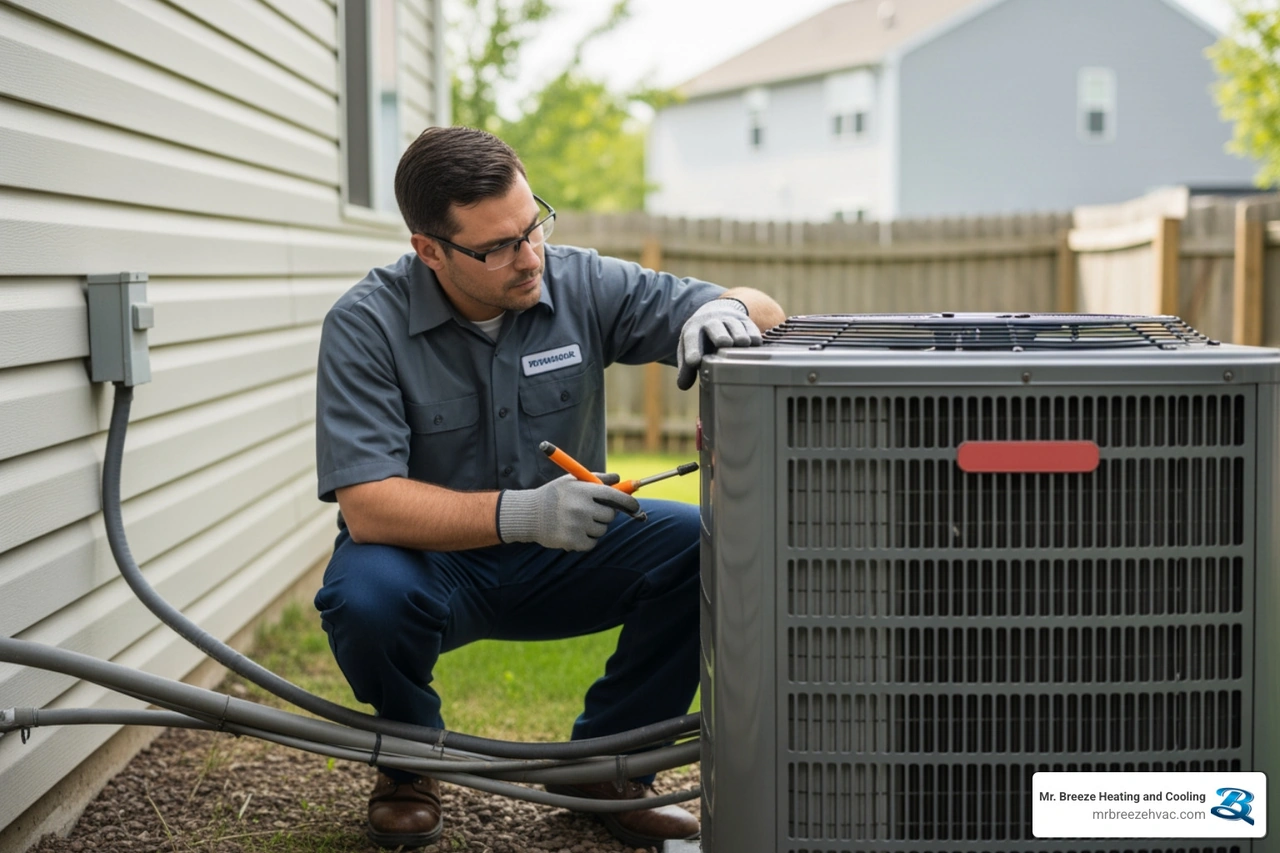 An outdoor AC condenser unit being inspected by a professional