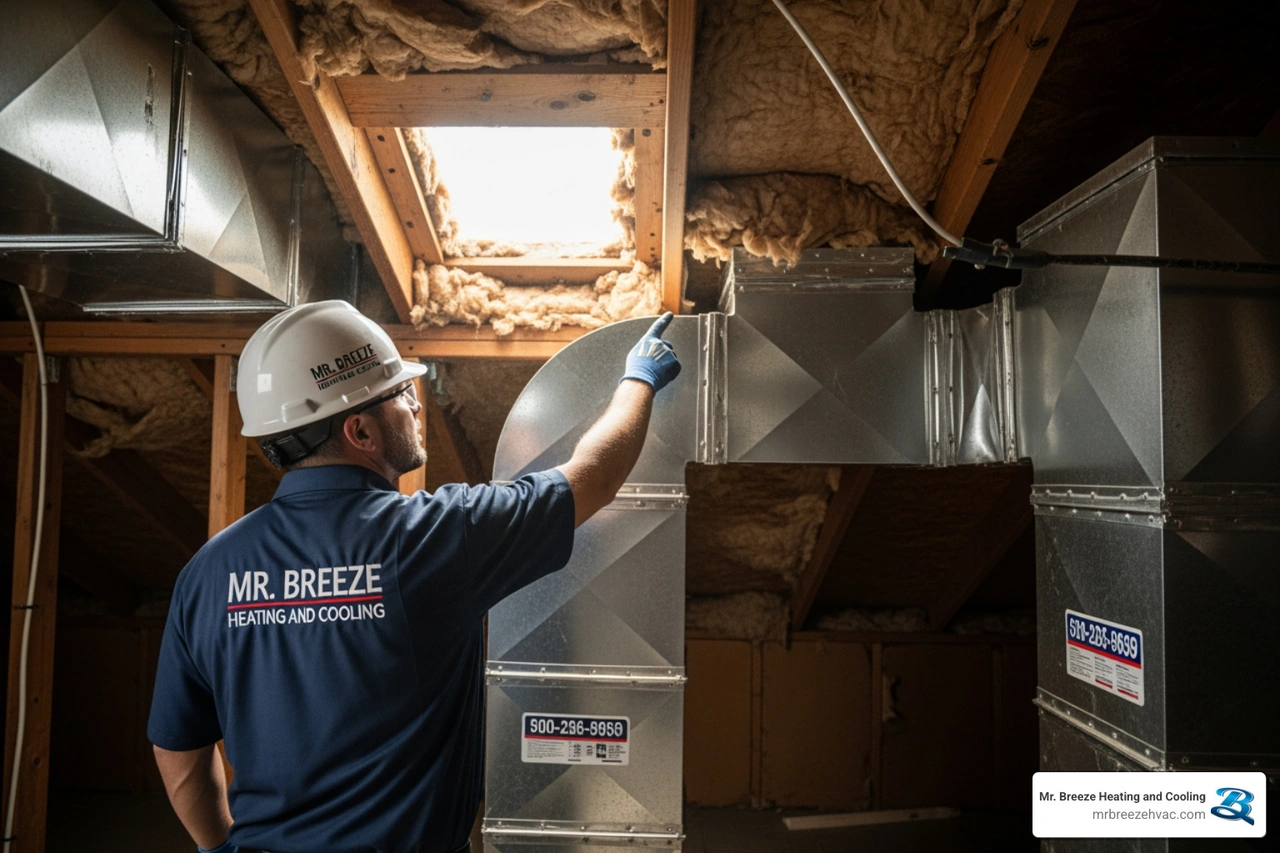 HVAC technician pointing out a large gap in a duct joint in a dusty attic