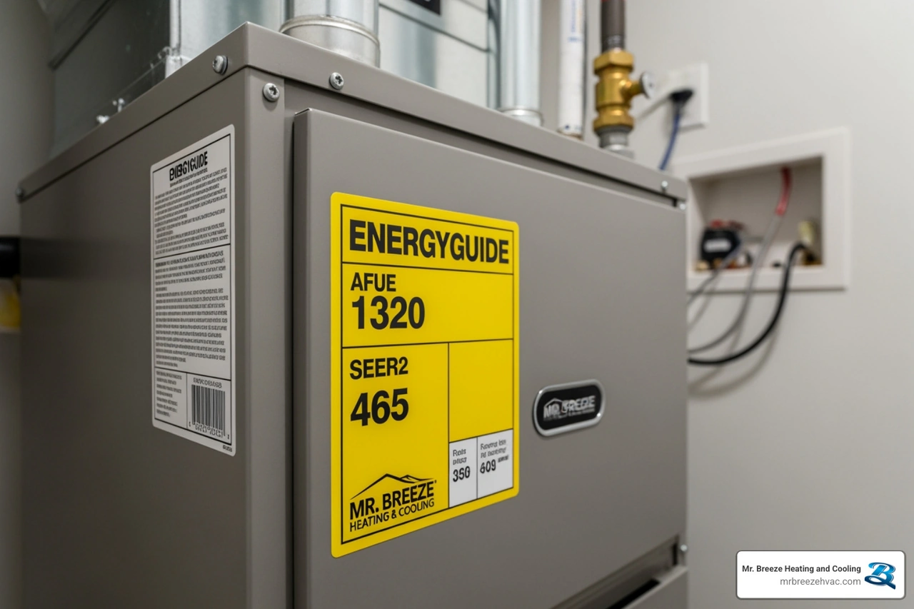 Label showing HVAC efficiency ratings for AFUE and SEER2