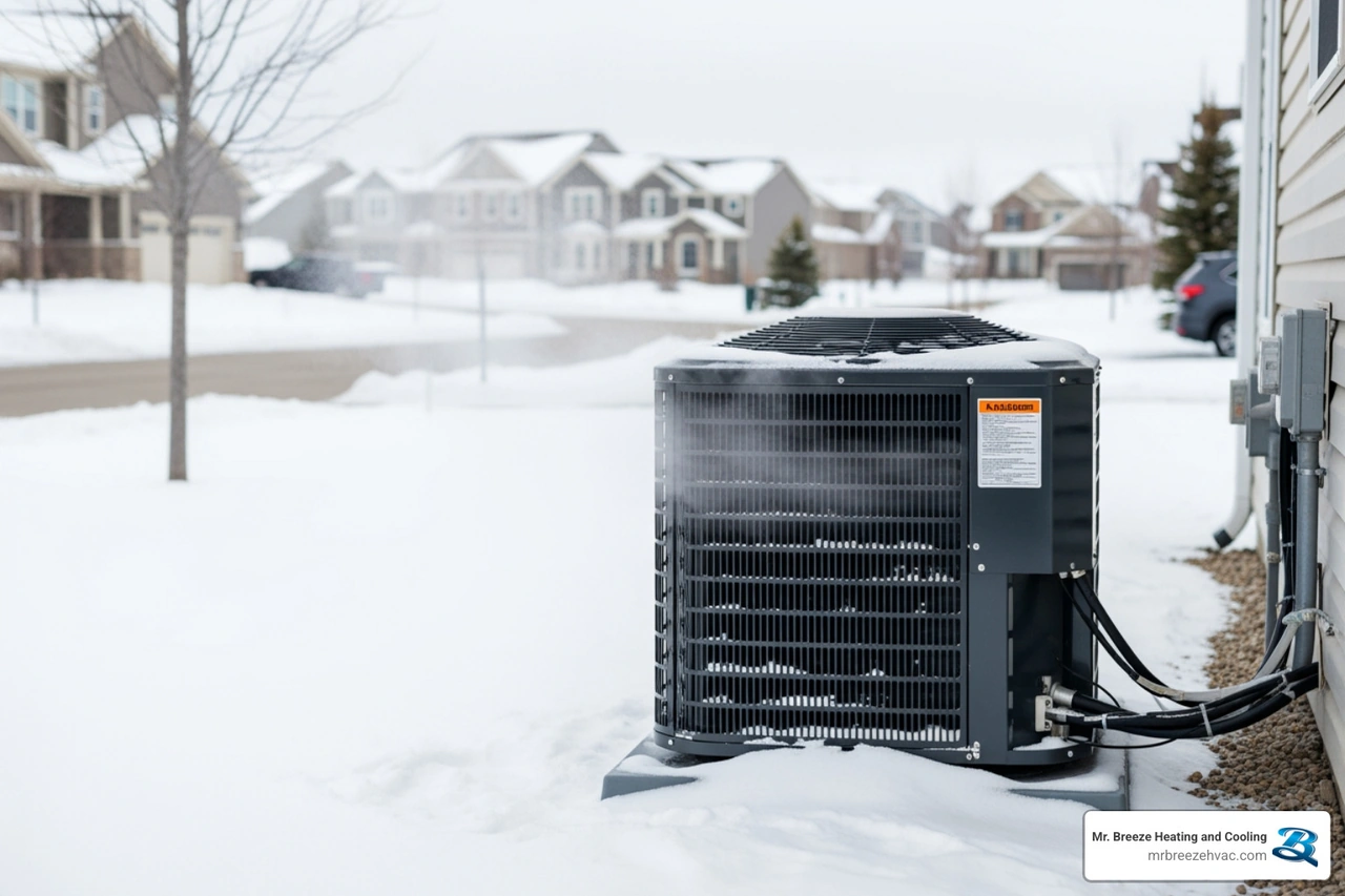 outdoor heat pump unit operating in winter snow outdoor heat pump unit operating in winter snow