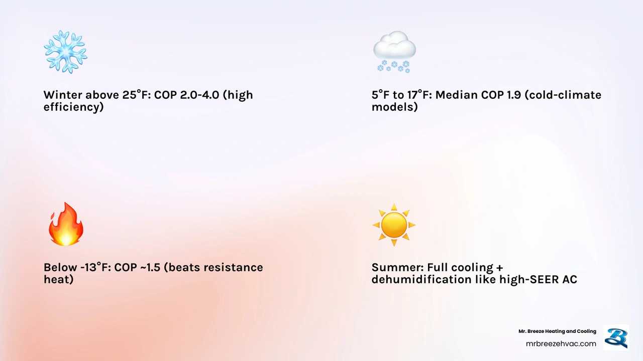 Infographic showing how a heat pump works in winter and summer modes with efficiency ratings by temperature range infographic Infographic showing how a heat pump works in winter and summer modes with efficiency ratings by temperature range infographic