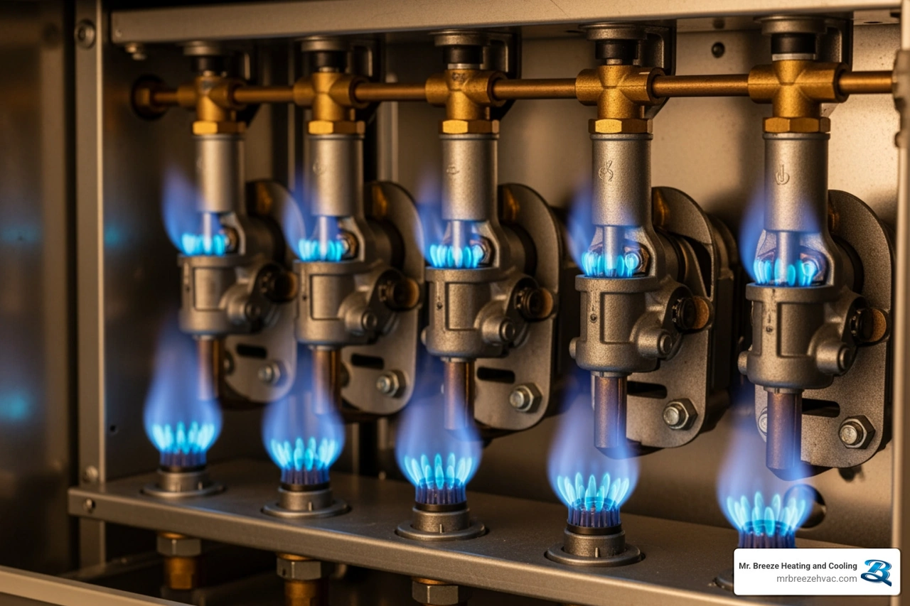 Close-up of a clean and properly functioning furnace burner assembly