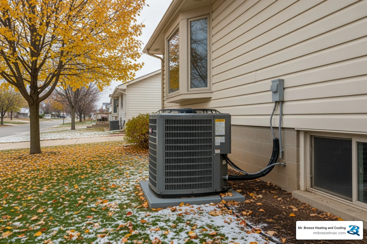 Outdoor HVAC condenser beside a Leavenworth home in changing seasons Outdoor HVAC condenser beside a Leavenworth home in changing seasons