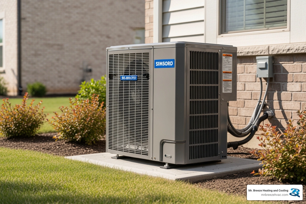 modern high efficiency air conditioning unit installed outside a suburban home