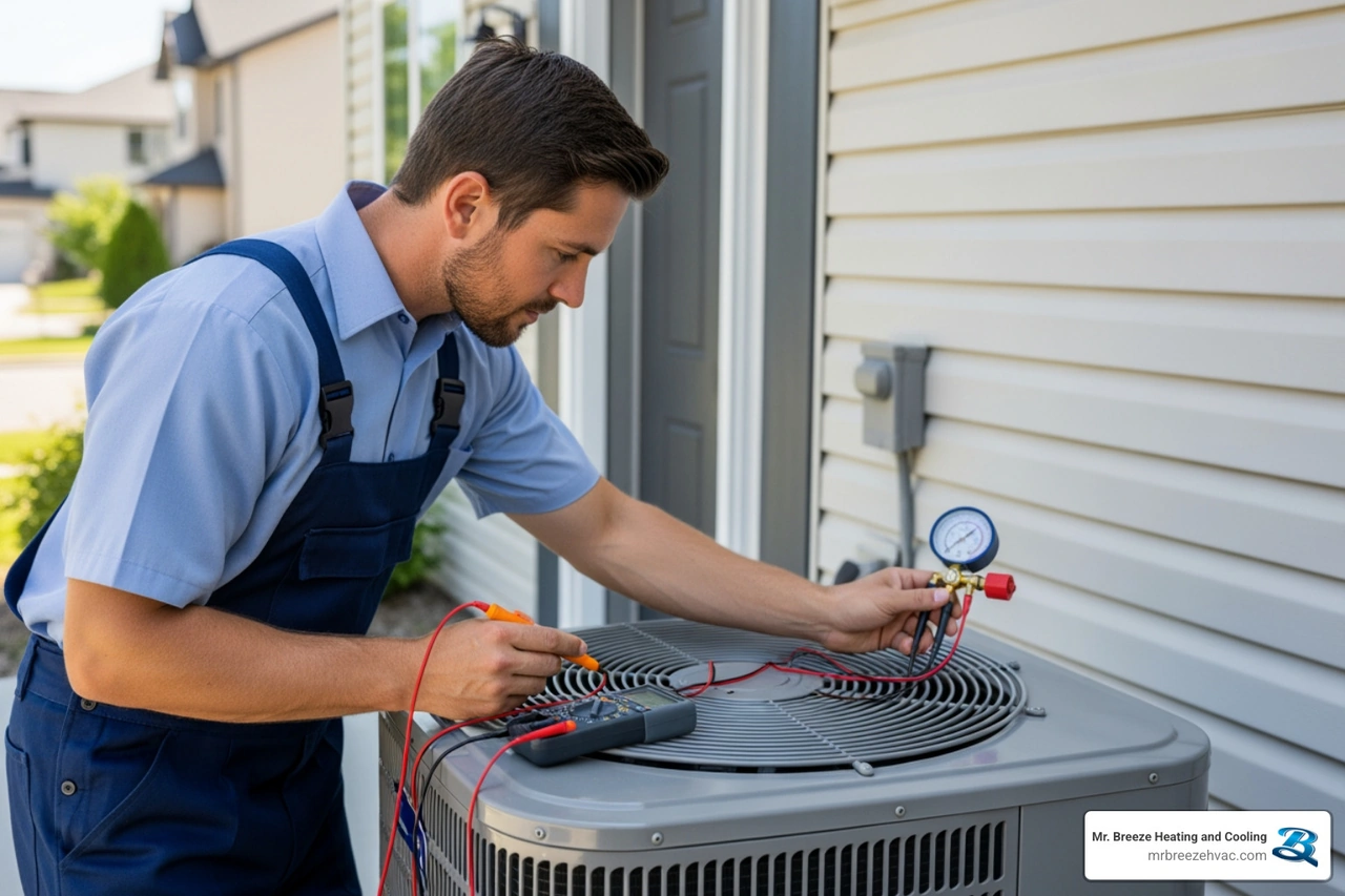 Professional HVAC technician inspecting a high efficiency cooling system